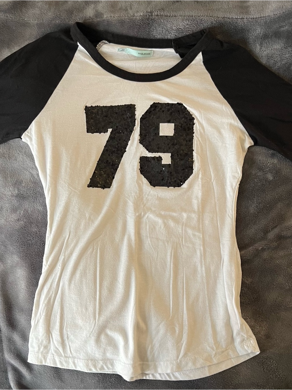 Ladies Black & White Raglan Baseball Tee Sequin Number 79 Sequin Size S.